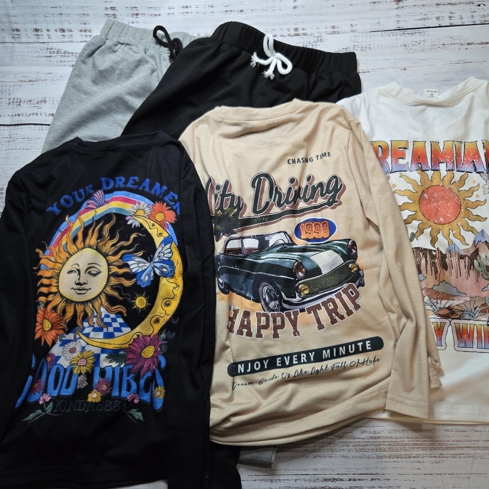 Shein Boys Lot‎ Of 3 Long Sleeve Graphic Tees & 2 Jogger Pants Sz 9 NEW